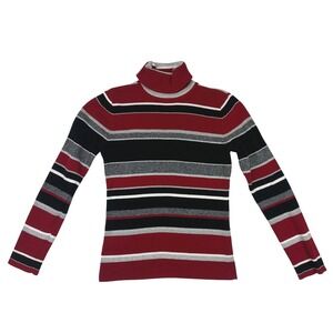 Liz & Co Striped Turtleneck Sweater Burgundy Black Gray White Ribbed Knit Size M